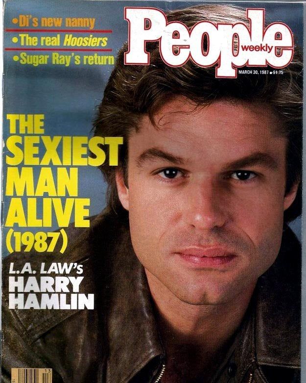 The cover of People magazine for March 30, 1987. A square-jawed Harry Hamlin with light stubble and a brown leather jacket stares directly into the camera. Blocky yellow text reads "The sexiest man alive (1987). LA Law's Harry Hamlin."