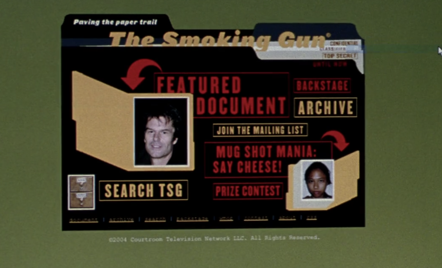 Screenshot from S1E6 of Veronica Mars. A screenshot of a computer showing the website The Smoking Gun with Aaron Echolls' photo and text reading "Featured Document."
