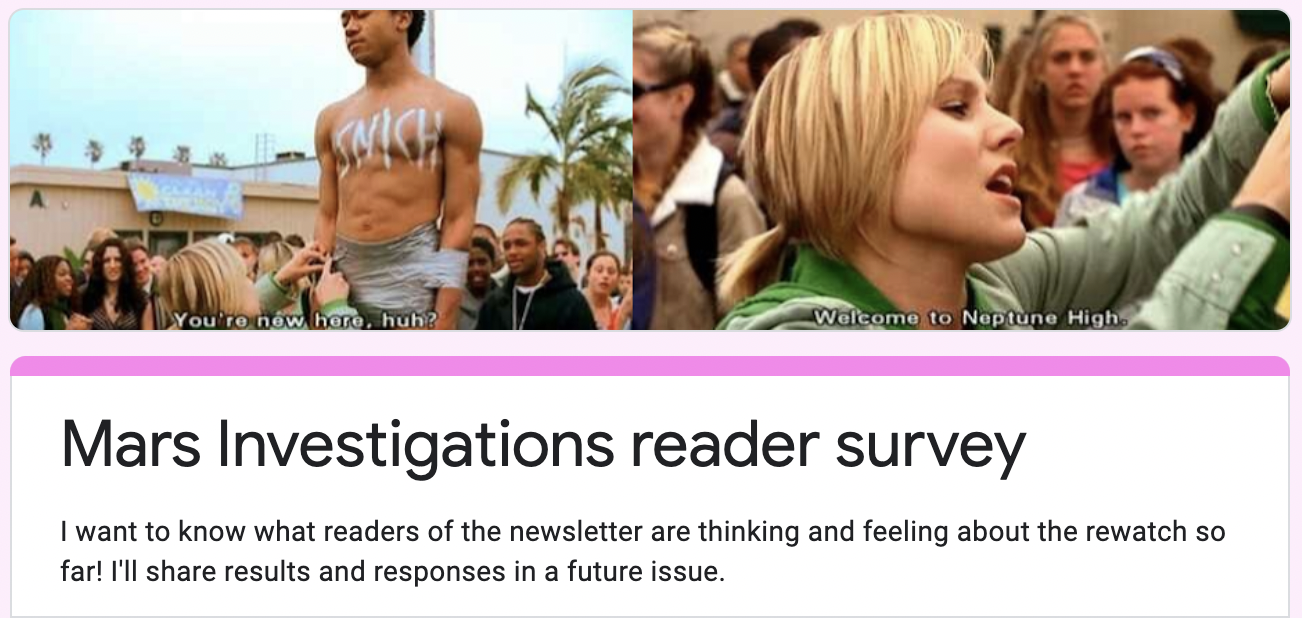 A screenshot of the top of the Mars Investigations reader poll. There are two images side by side, one is a screenshot of Wallace taped to the flagpole with "SNICH" painted on his chest. The other one is a screenshot of Veronica cutting Wallace down. The subtitle on the first image says "You're new here, huh?" and the subtitle on the second image is "Welcome to Neptune High."