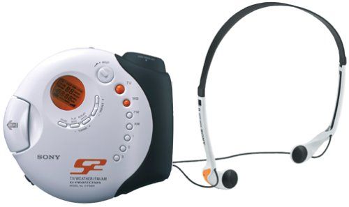 Screenshot of a Sony D-FS601 S2 Sports CD Walkman Portable Disc Player. It's whie with an orange screen and orange buttons. There are also headphones with it.