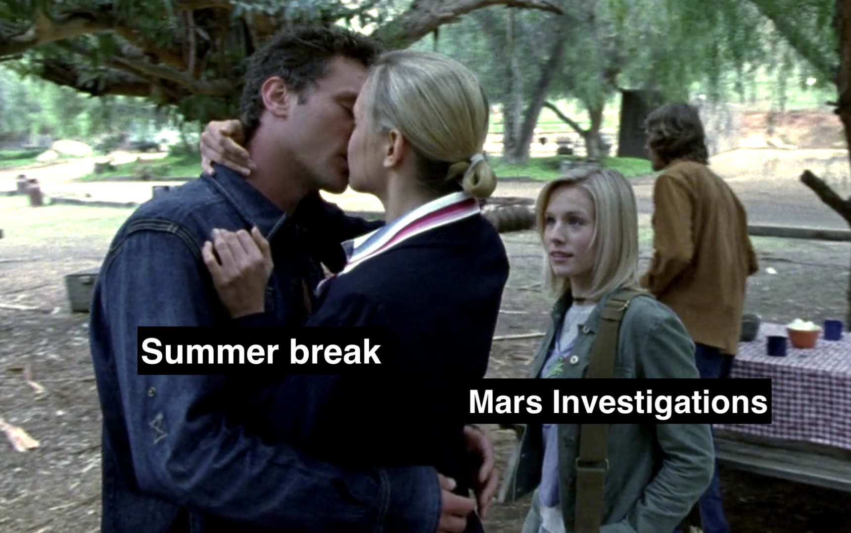 Screen shot from Veronica Mars S1E9. Veronica is looking at a couple (Josh and Holly) from the Moon Calf Collective making out. Veronica is labeled with text that reads "Mars Investigations." The couple is labeled "Summer break."