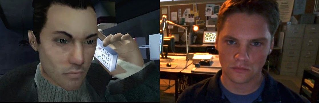 Screenshot of Veronica Mars S1E18. On the left is the main character from the 2005 video game Fahrenheit holding a cell phone to his ear. On the right is Duncan sitting in a chair, facing the camera, looking in front of him.